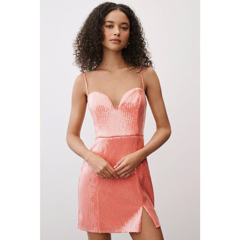 Anthropologie Hutch Sleeveless Sequin Notched-Neck Mini Coral Pink Dress Size 2